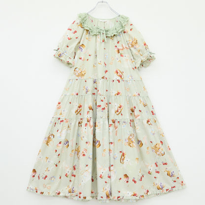 【美品】ピンクハウス★スイーツスプリングバニーpt♪半袖ミディワンピース ハッカ系 段々フリル&サテンリボン 2025年製 z23386