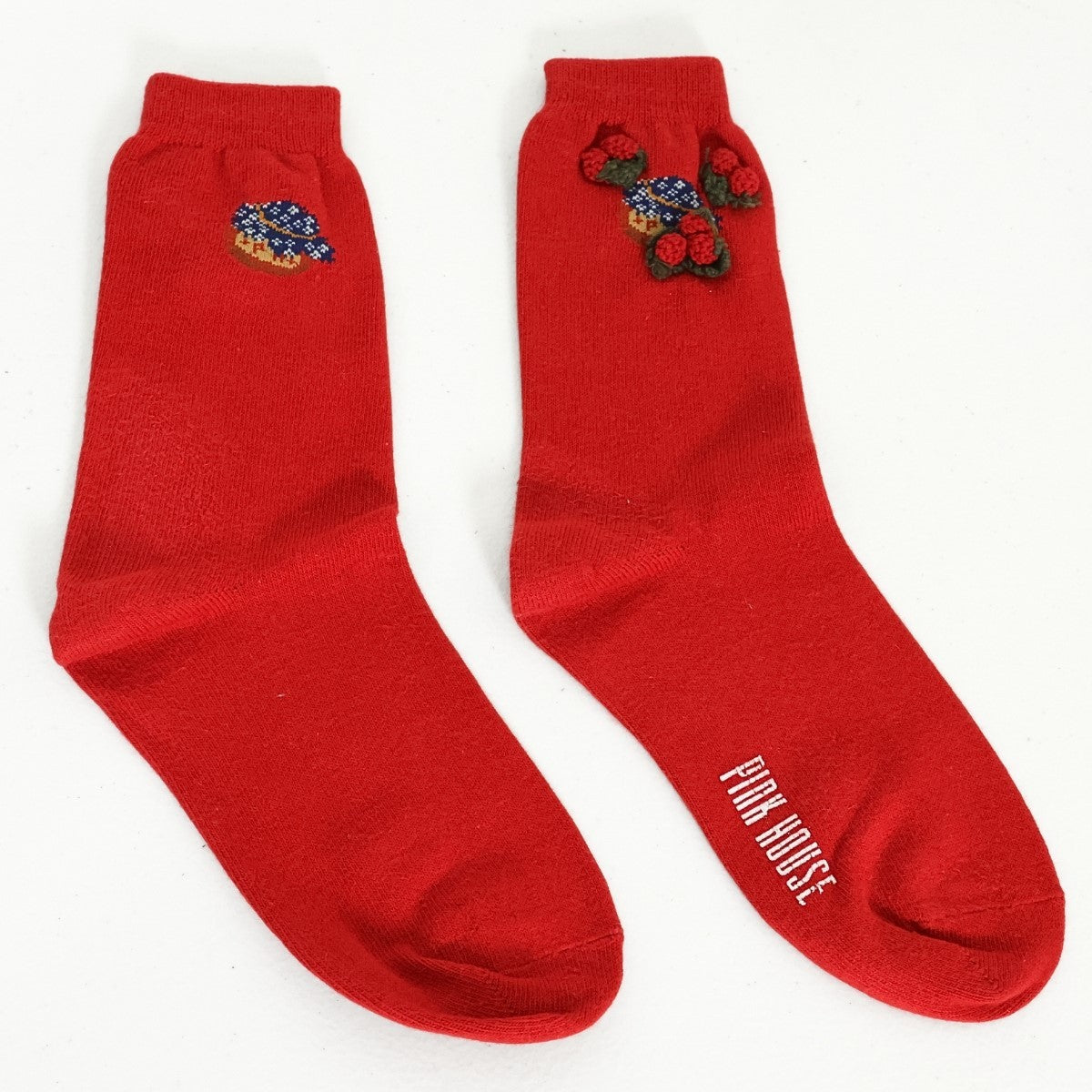 【美品】ピンクハウス★立体ベリー＆ジャム瓶が可愛い！ クルーソックス 靴下  いちごジャムポット 赤系 so354