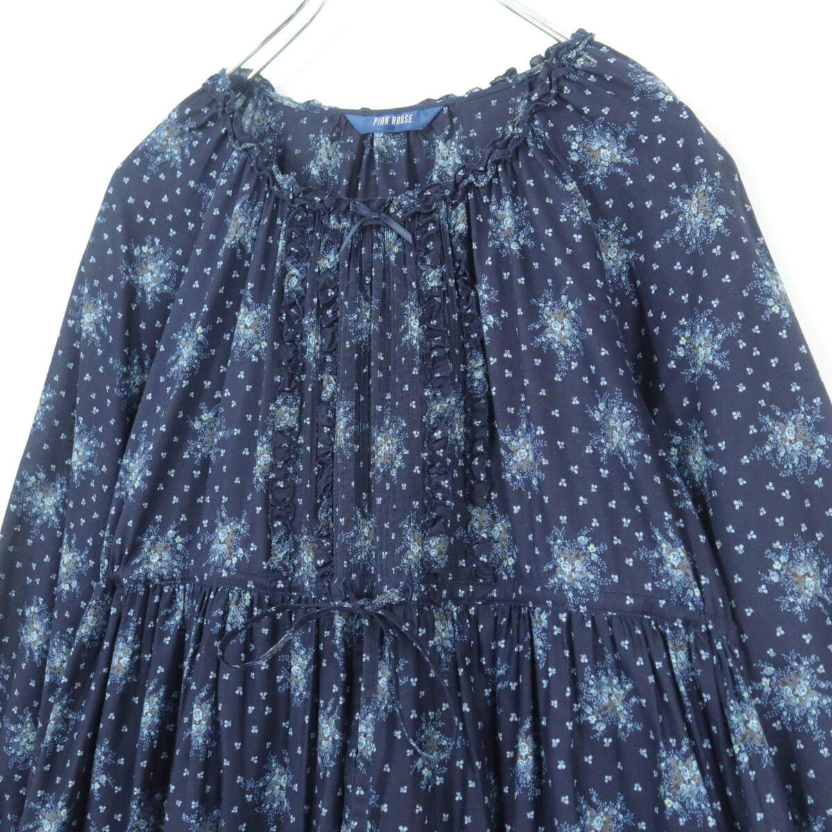 【美品】ピンクハウス★幻想的な小花リースが美しい！ 長袖チュニック・ミニワンピース 紺系 z19563