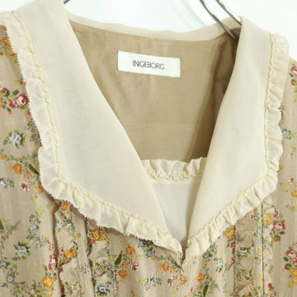 【美品】インゲボルグ★クラシカルな襟付き ピンタック フリル 花柄ワンピース♪ベージュ系 z19687