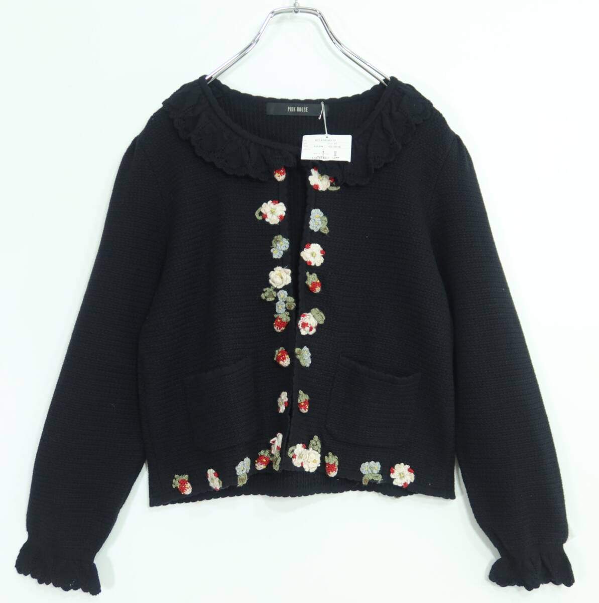 【極美品・紙タグ有】ピンクハウス★イチゴ&お花モチーフ♪長袖カーディガン はおりもの 黒系 レースも♪厚手 z19838