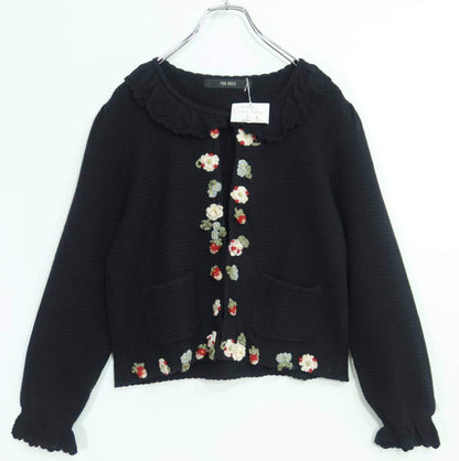 【極美品・紙タグ有】ピンクハウス★イチゴ&お花モチーフ♪長袖カーディガン はおりもの 黒系 レースも♪厚手 z19838