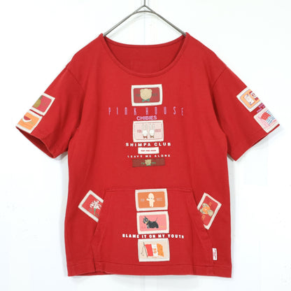 ベビーピンクハウス★ワッペンいっぱい♪半袖Tシャツ 前ポケット キューピー ぬいぐるみクマ ウサギ パフェ サイズL(120cm) 赤系 z21894