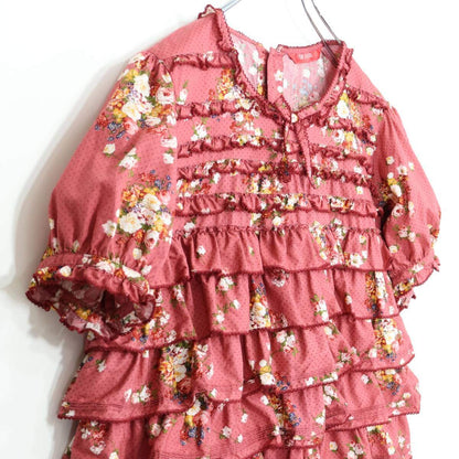 【美品】ピンクハウス★かぶせ段々フリル♪ドットと花柄のふんわりブラウス 赤紫系 ピコレース&リボン♪薄手 z21087