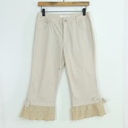 ピンクハウス★裾カットワークレース♪ハーフパンツ 大きいサイズL ベージュ系 ストレッチ♪無地 薄手 z19658