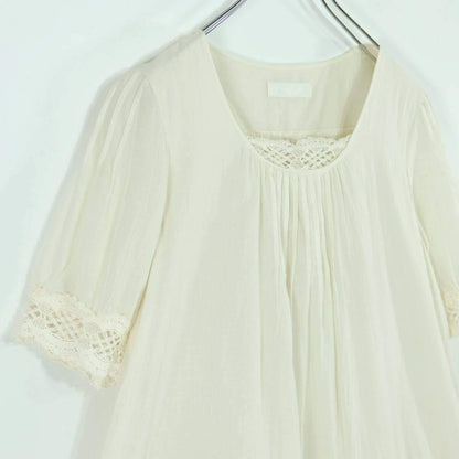 【美品】ピンクハウス★爽やかな綿ローンチュニック♪レース編み ギャザー ワンピース アイボリー系 z19614