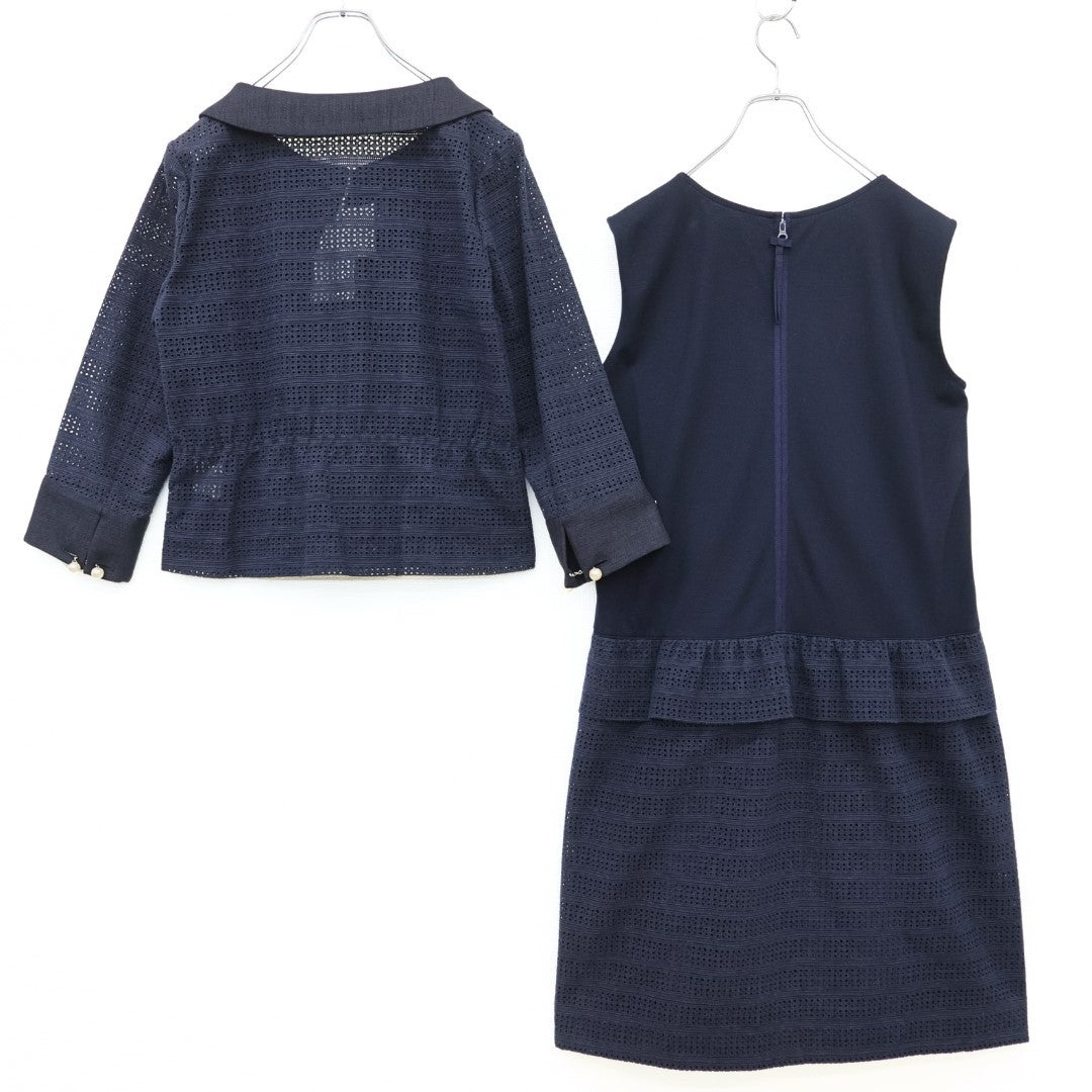 【美品・紙タグ有】インゲボルグ★二点セット！カットワークレースのボレロ&ワンピース サイズ11 紺系 モチーフ♪残布有 z23367