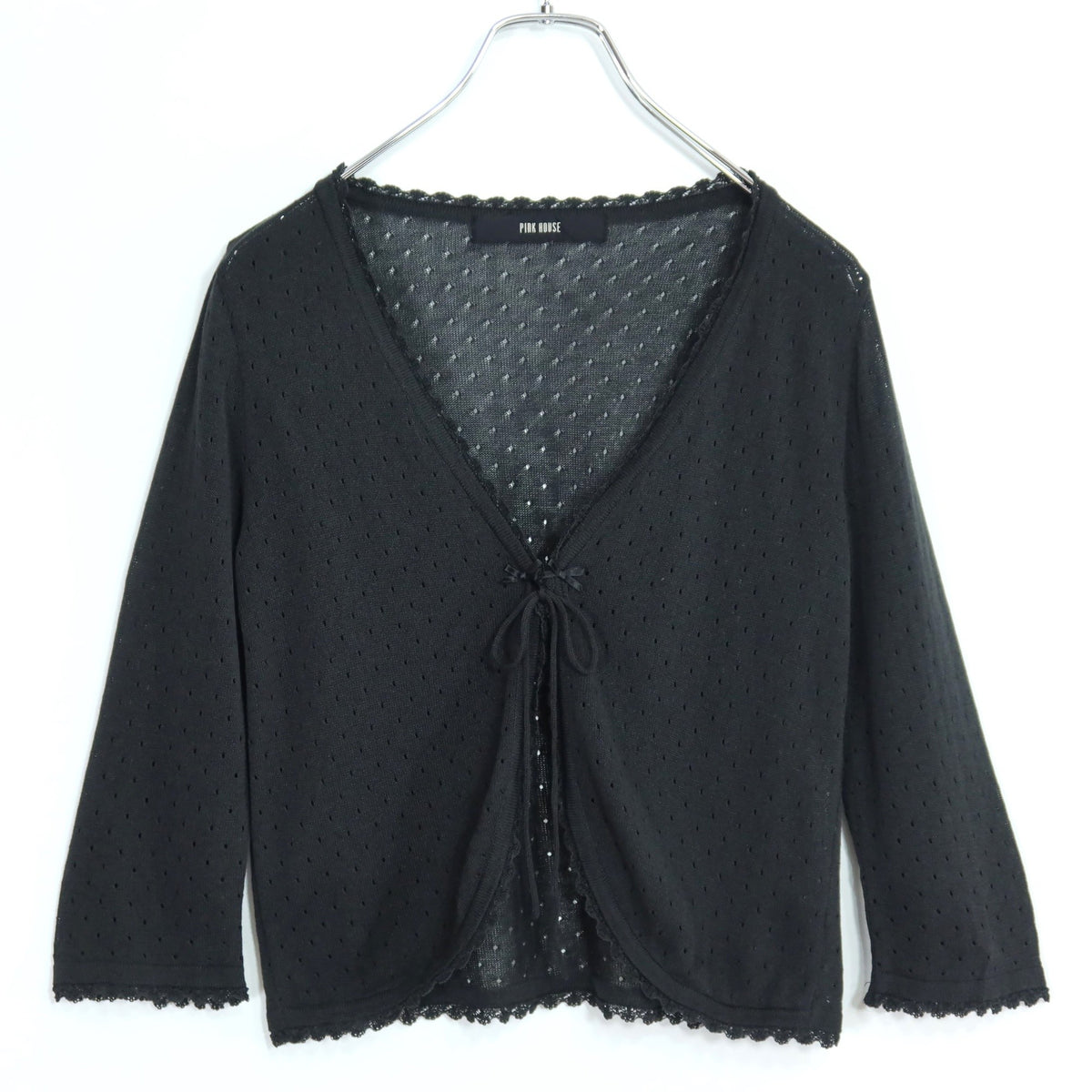 【美品】ピンクハウス★ミニリボン♪ニットカーディガン はおりもの 黒系 レース&透かし編み♪z19986