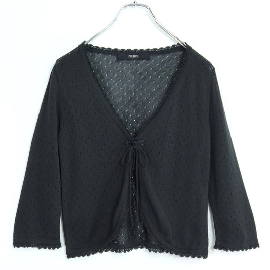 【美品】ピンクハウス★ミニリボン♪ニットカーディガン はおりもの 黒系 レース&透かし編み♪z19986