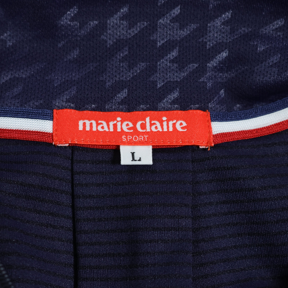 【美品！】マリクレール★千鳥格子柄が素敵♪ ハーフジップ 半袖シャツ ゴルフウェア サイズL 紺系 z22979