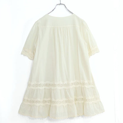 【美品】ピンクハウス★爽やかな綿ローンチュニック♪レース編み ギャザー ワンピース アイボリー系 z19614