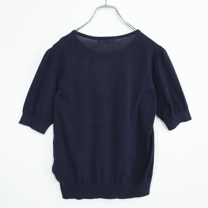 【美品・紙タグ有】ギャラリービスコンティ★お花モチーフ♪半袖ニット 大きいサイズ3 濃紺系 無地 z21202
