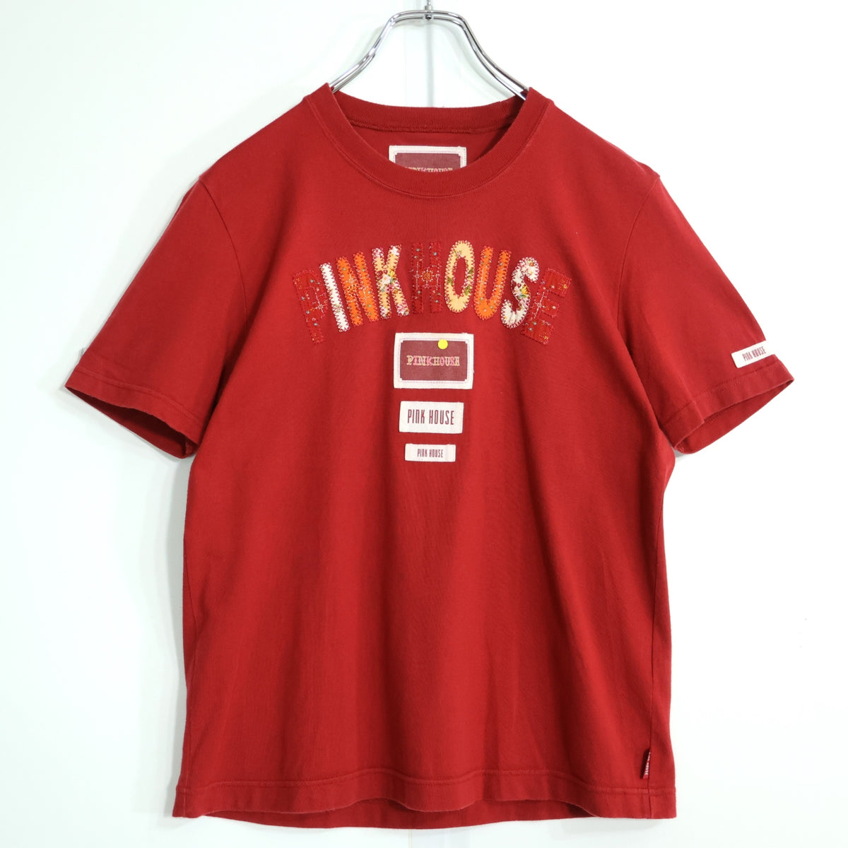 ピンクハウス★花柄パッチワーク&ワッペン♪半袖カットソー Tシャツ サイズM 赤系 無地 z21920