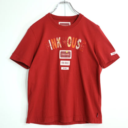 ピンクハウス★花柄パッチワーク&ワッペン♪半袖カットソー Tシャツ サイズM 赤系 無地 z21920