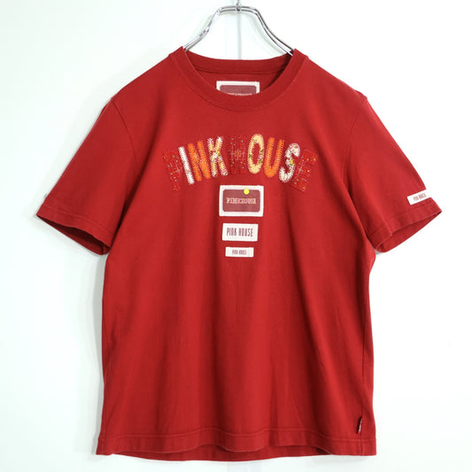 ピンクハウス★花柄パッチワーク&ワッペン♪半袖カットソー Tシャツ サイズM 赤系 無地 z21920