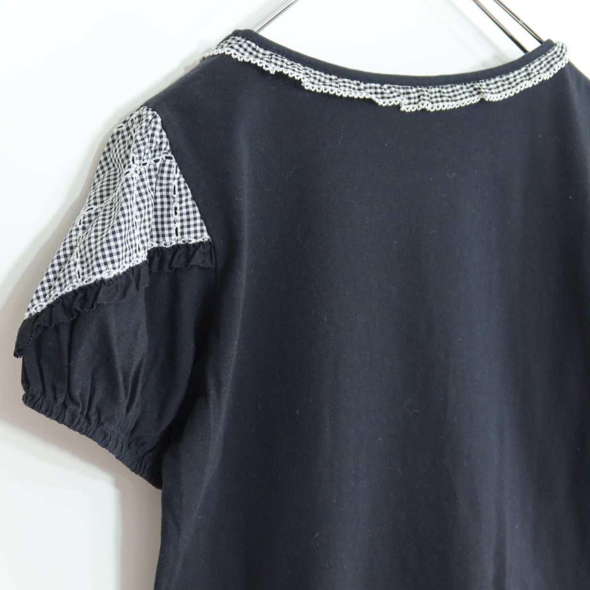 【美品】ピンクハウス★ギンガムチェック柄が可愛い♪ 半袖カットソー カットワーク刺しゅうデザイン サイズ3(M) 黒系 z19976