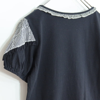【美品】ピンクハウス★ギンガムチェック柄が可愛い♪ 半袖カットソー カットワーク刺しゅうデザイン サイズ3(M) 黒系 z19976