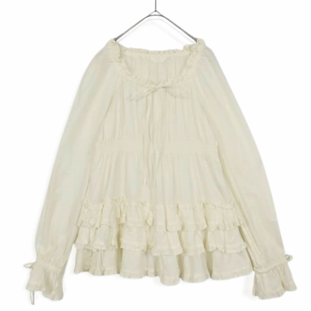 ピンクハウス★豪華かぶせ段々♪フリル&ギャザーたっぷり ローンブラウス  シャーリング リボン アイボリー系＊z12707