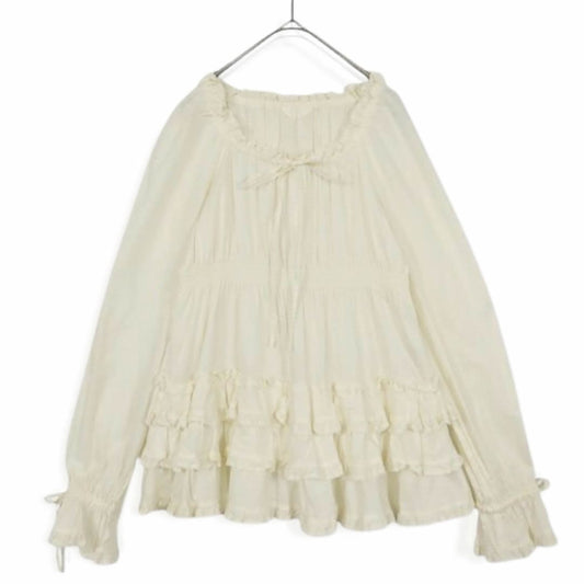 ピンクハウス★豪華かぶせ段々♪フリル&ギャザーたっぷり ローンブラウス  シャーリング リボン アイボリー系＊z12707