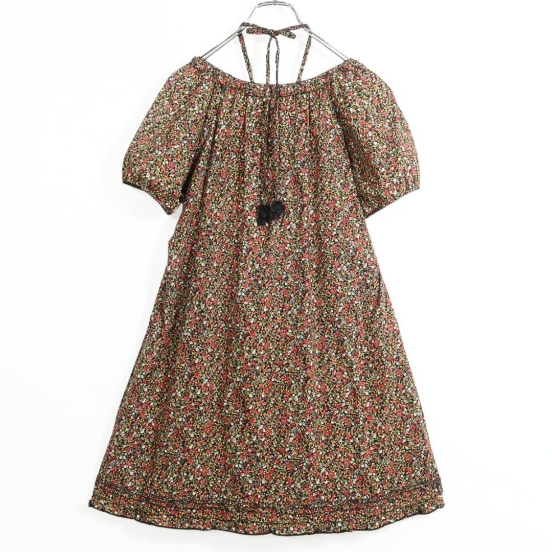 ピンクハウス★ 可愛い！小花柄　ホルターネック チュニックブラウス モチーフ付き♪黒×赤×黄色系 ＊z12016