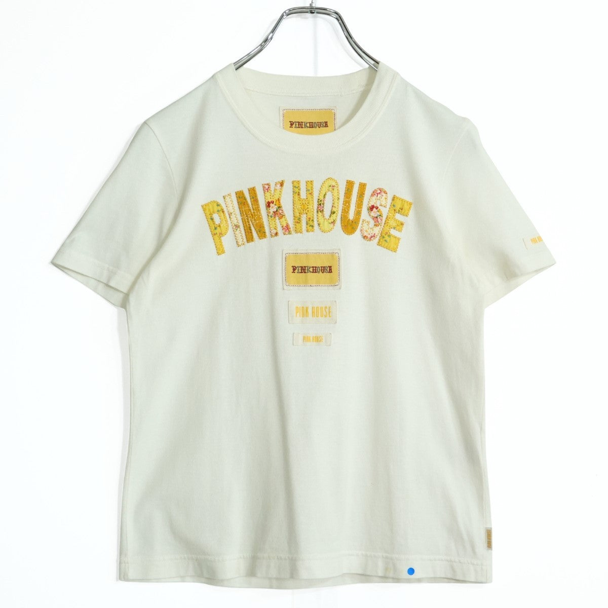 ピンクハウス★花柄パッチワーク&ワッペン♪半袖カットソー Tシャツ サイズM 白系 無地 z21928