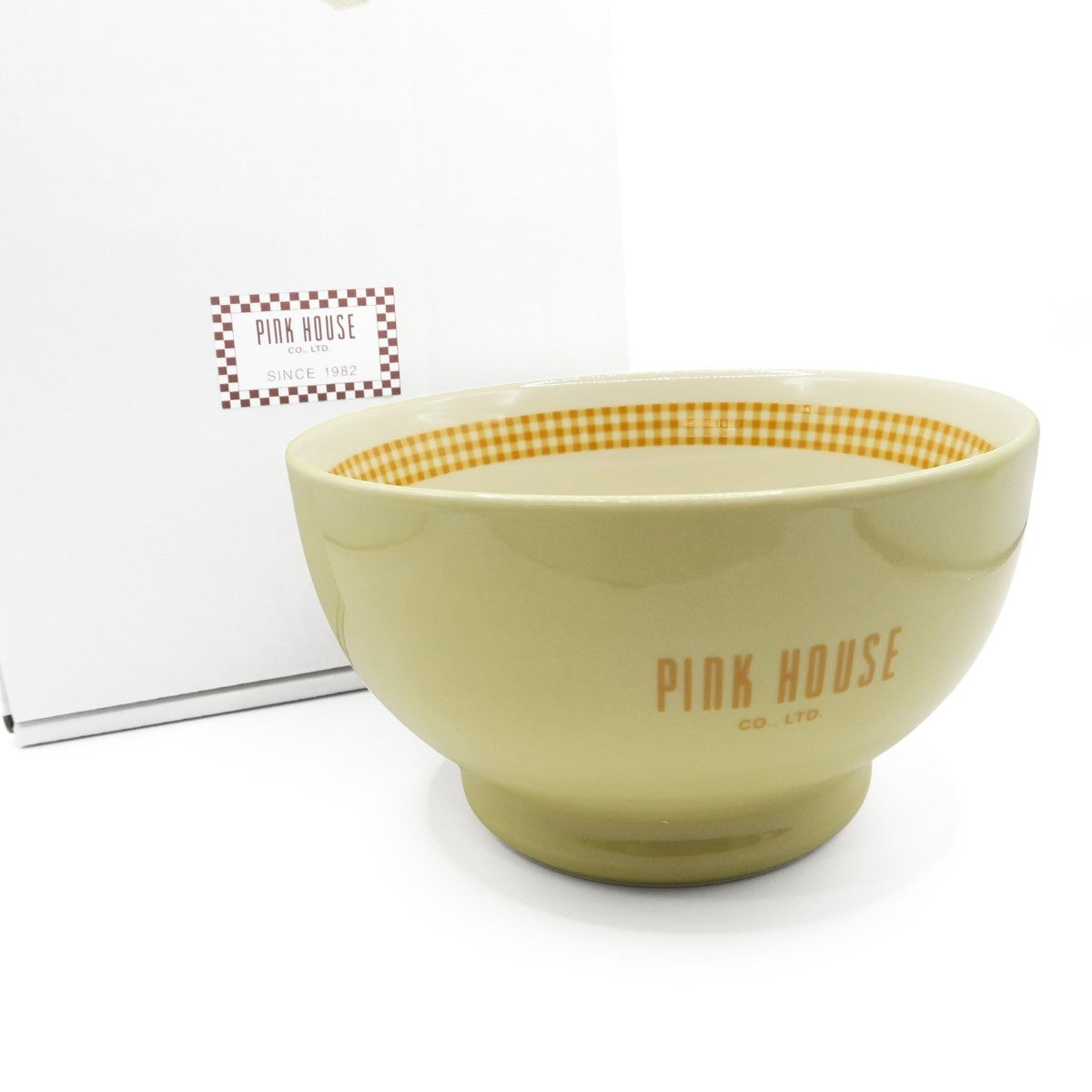 ピンクハウス★チェック柄ボウル ロゴ入 陶器 小どんぶり 皿 ギンガムチェック 黄色系 so343