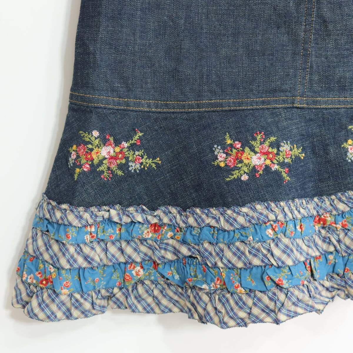 【美品】ピンクハウス★裾パッチワーク♪刺繍付きデニムスカート 大きいサイズL 濃紺系 オリチェ&花柄♪厚手 z19855
