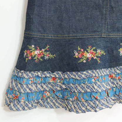 【美品】ピンクハウス★裾パッチワーク♪刺繍付きデニムスカート 大きいサイズL 濃紺系 オリチェ&花柄♪厚手 z19855