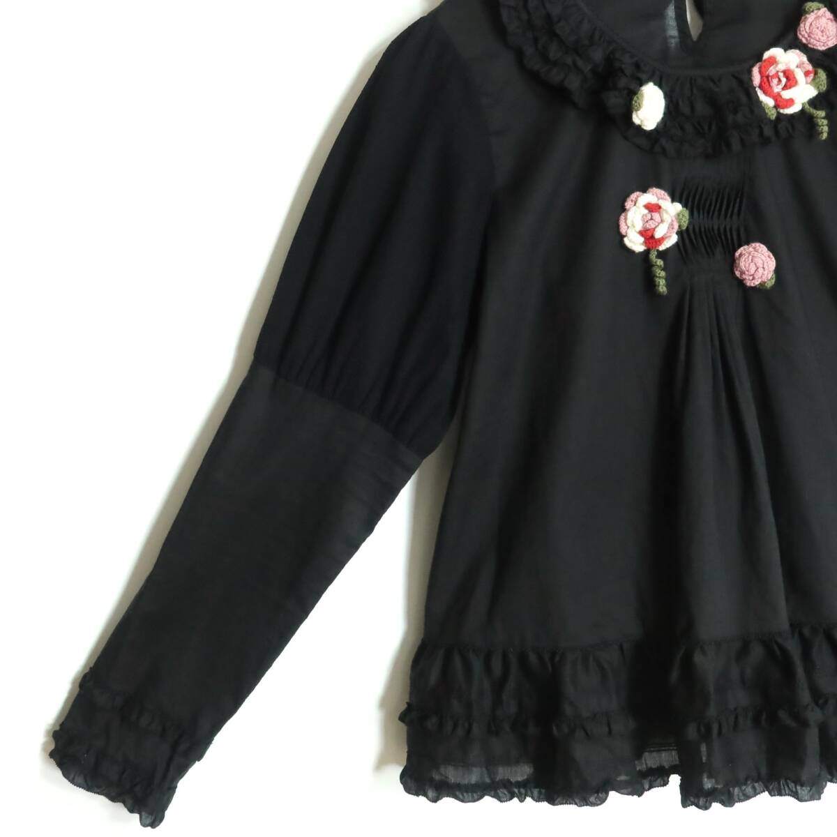 【美品】ピンクハウス★可愛いお花のモチーフが印象的！ドットチュールレース使い♪ブラウス 黒系 段々フリルも♪*z19271