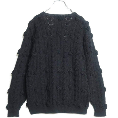 【美品】カネコイサオ★お花モチーフが可愛い♪ニットカーディガン  アラン編み♪ウール100！黒系＊z16958
