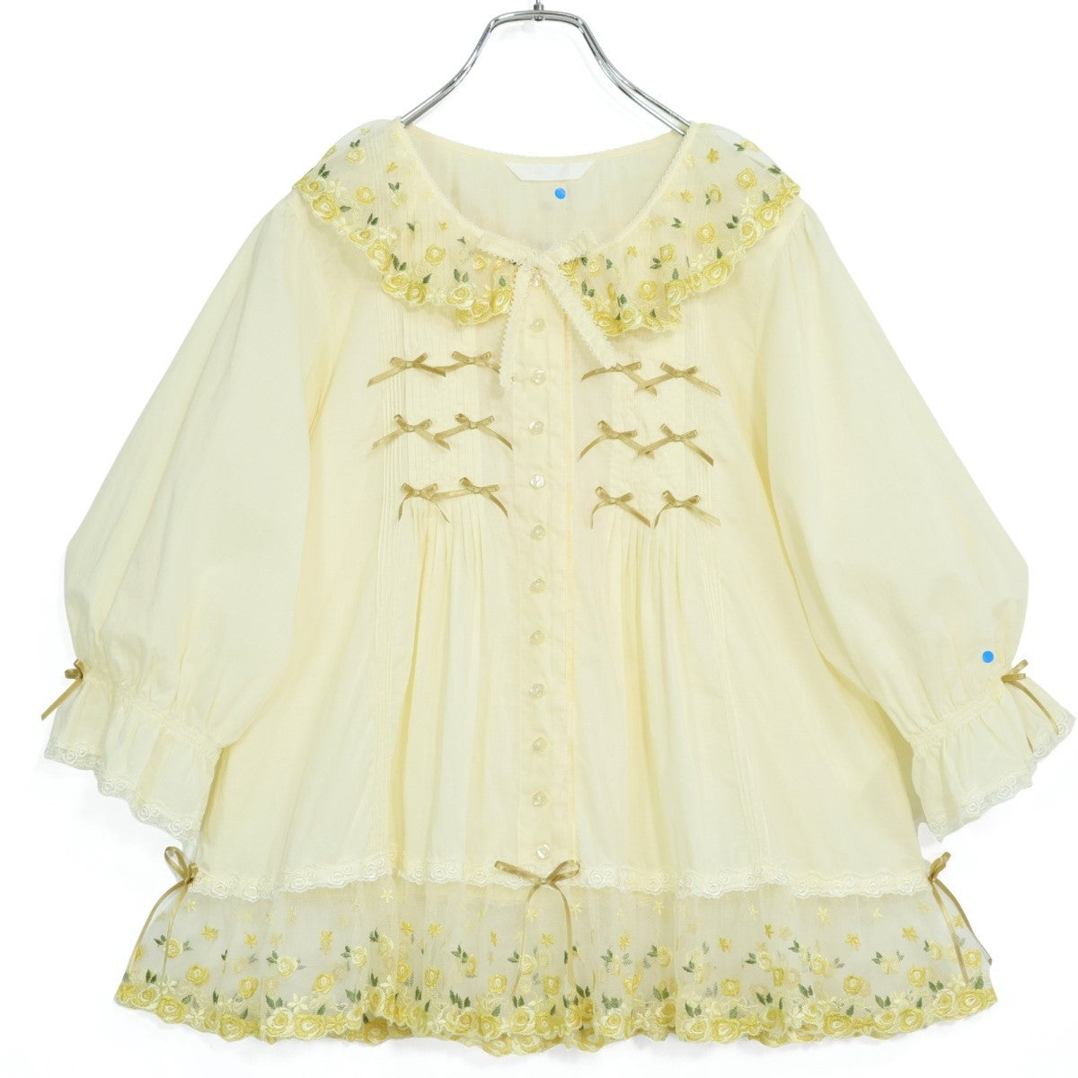 【美品】ピンクハウス★刺しゅう付きチュールレース♪ふんわりローンブラウス 黄色系 前開き サテンリボンも♪無地 z22170