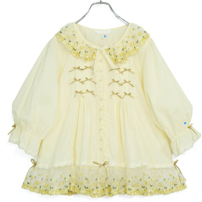【美品】ピンクハウス★刺しゅう付きチュールレース♪ふんわりローンブラウス 黄色系 前開き サテンリボンも♪無地 z22170