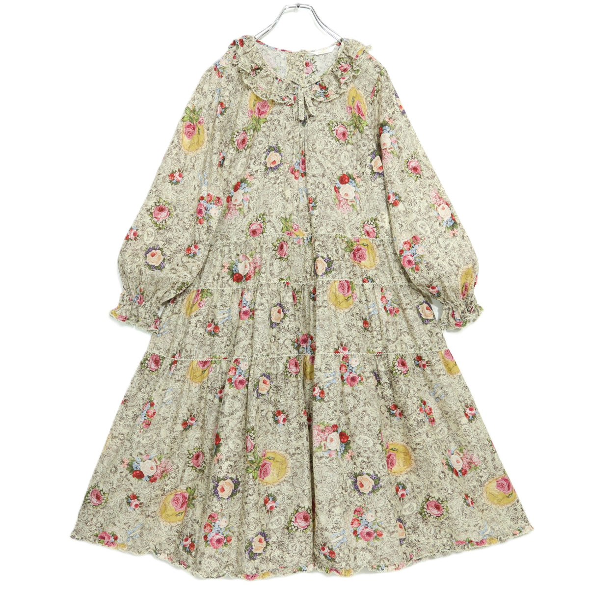 【極美品】ピンクハウス★レースフラワー柄♪ミディ丈ワンピース アイボリー系 ふんわりフォルム♪2025年 薄手 z22497