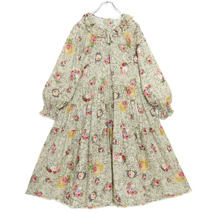 【極美品】ピンクハウス★レースフラワー柄♪ミディ丈ワンピース アイボリー系 ふんわりフォルム♪2025年 薄手 z22497