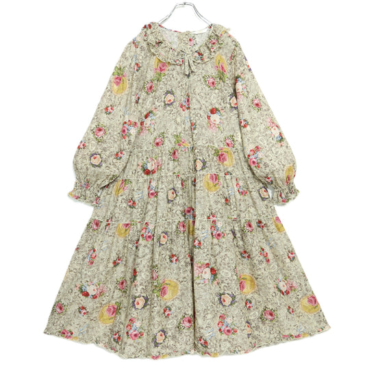 【極美品】ピンクハウス★レースフラワー柄♪ミディ丈ワンピース アイボリー系 ふんわりフォルム♪2025年 薄手 z22497