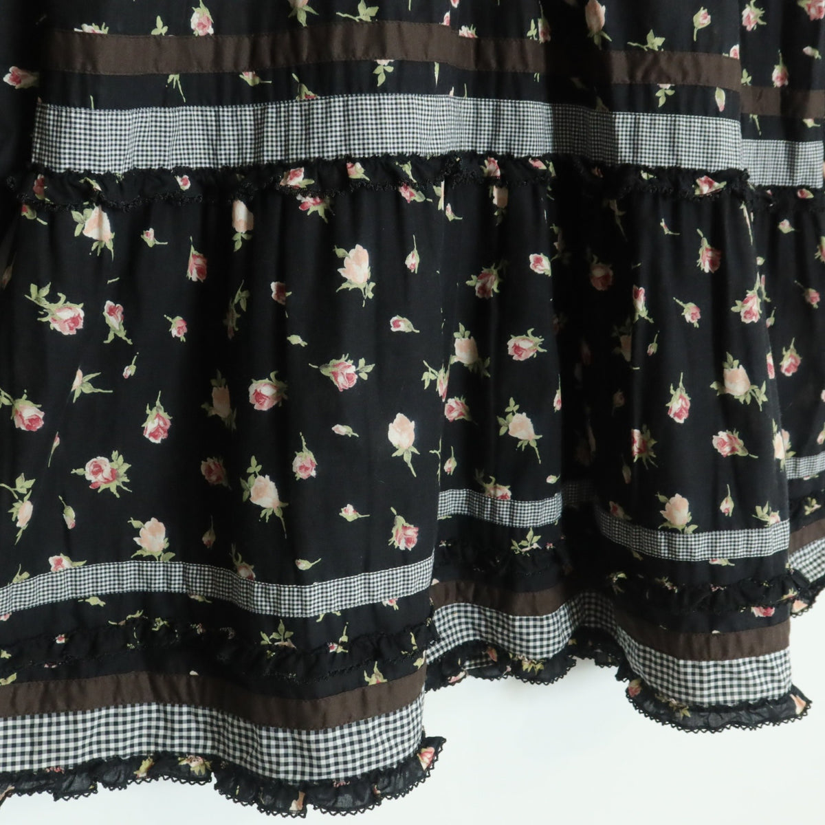 【美品】ピンクハウス★ギンガムパッチワーク♪ローンチュニックブラウス 黒系 薔薇pt♪薄手 z18327