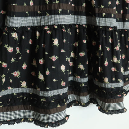 【美品】ピンクハウス★ギンガムパッチワーク♪ローンチュニックブラウス 黒系 薔薇pt♪薄手 z18327