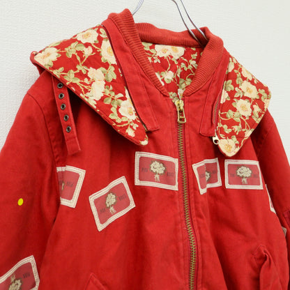 ピンクハウス★花柄刺しゅう&ワッペン♪中綿ブルゾン 赤系 前開き 裏キルティング 厚手 z23478
