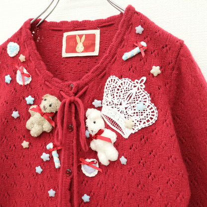 ピンクハウス★モチーフいっぱい♪透かし編みカーディガン 赤系 リボンも♪前開き 厚手 z23167