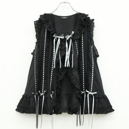 【美品】ピンクハウス★配色リボンデコレーション♪ローンブラウス 黒系 前開き 2024年製 z23561