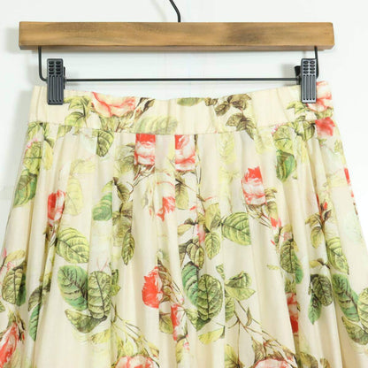 【極美品】インゲボルグ★大人可愛い！薔薇pt ふんわり♪ギャザースカート 綿麻♪サイズ3(9号) ベージュ系 ＊z13734