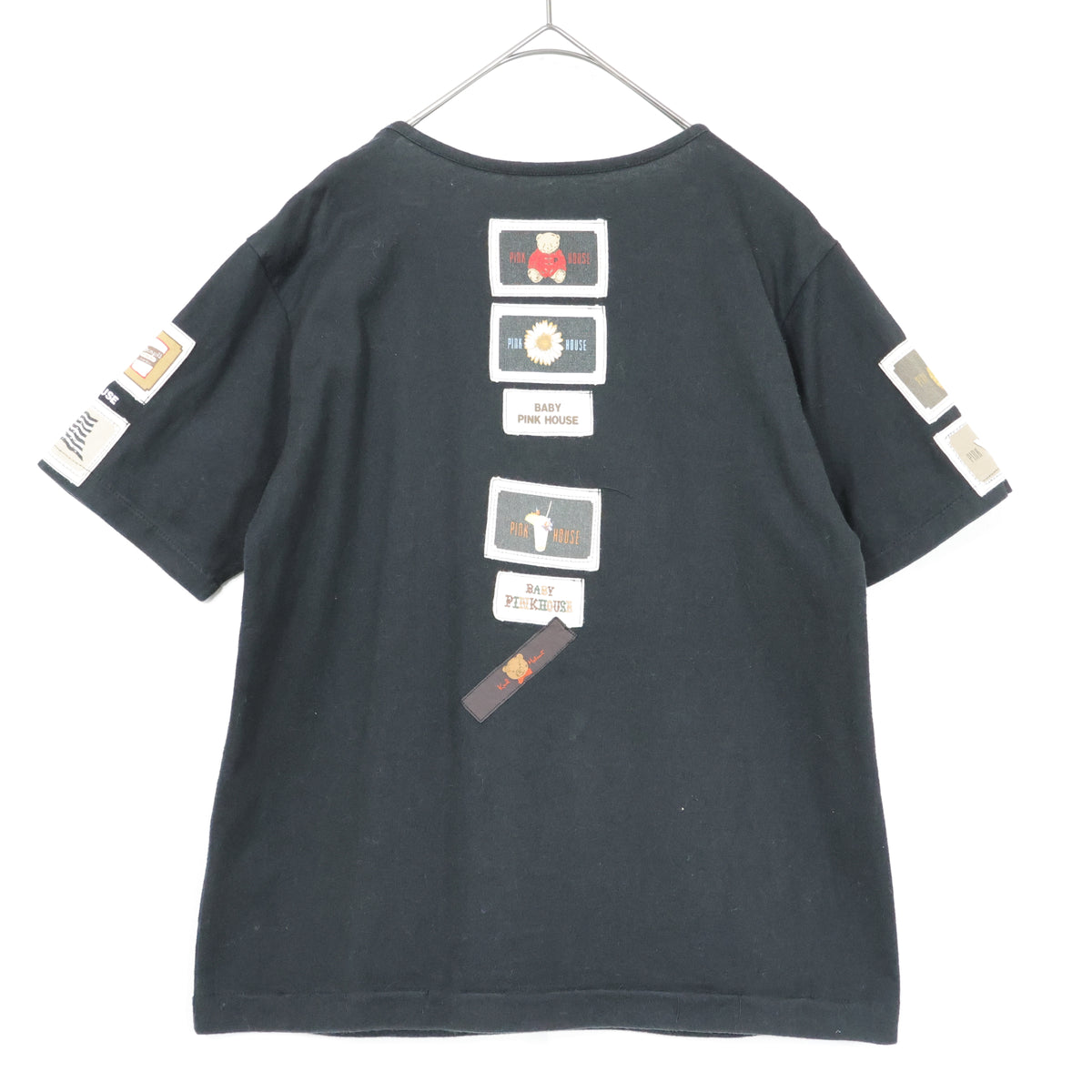 ベビーピンクハウス★ワッペンいっぱい♪半袖Tシャツ 前ポケット キューピー ぬいぐるみクマ ウサギ パフェ サイズL 黒系 z21891