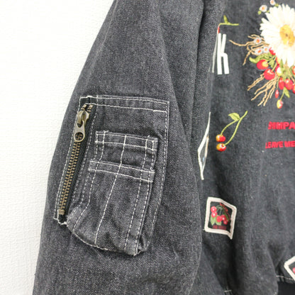 ピンクハウス★お花がいっぱい♪リバーシブルジャンパー 刺しゅう さくらんぼ 中綿入り ふわふわアウター デニム 黒系 前開き z23372