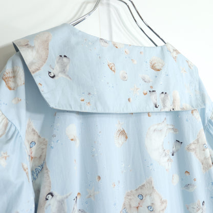 【美品・紙タグ有】ピンクハウス★さざ波とねこプリントpt♪ミディワンピース 水色系 セーラー襟♪残布有 2025年製 z22832
