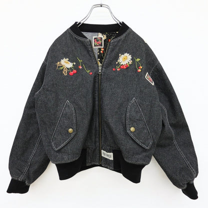 ピンクハウス★お花がいっぱい♪リバーシブルジャンパー 刺しゅう さくらんぼ 中綿入り ふわふわアウター デニム 黒系 前開き z23372