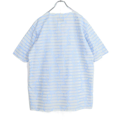 【美品】SOUSOU ソウソウ★YOUSOU 綿麻♪ゆったり半袖チュニック 白×青系 お花&ボーダー柄 薄手 z21180