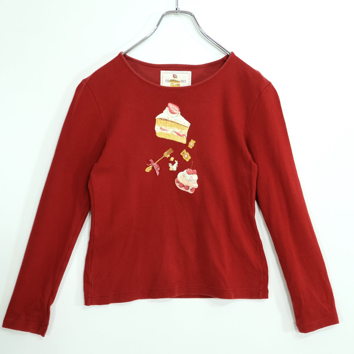 ピンクハウス★スイーツpt&ギンガムリボン♪長袖カットソー Tシャツ サイズM 赤系 無地 z22625