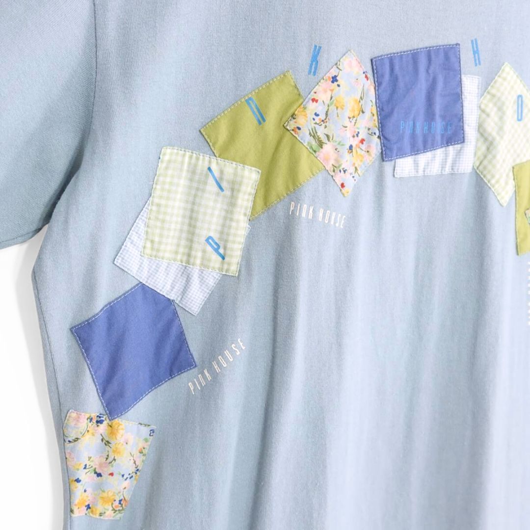 ピンクハウス★たっぷりパッチワーク♪お花とチェック柄 ロゴプリント Tシャツ 大きいサイズL 水色系 z20097