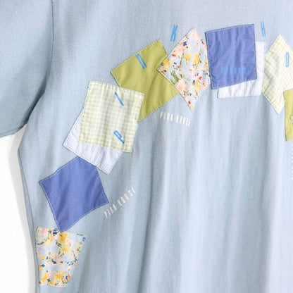 ピンクハウス★たっぷりパッチワーク♪お花とチェック柄 ロゴプリント Tシャツ 大きいサイズL 水色系 z20097