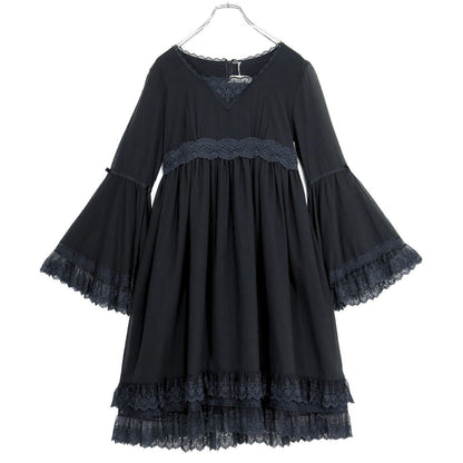【極美品・紙タグ有】ピンクハウス★チュールレース使い♪ベルスリーブワンピース サイズM 黒系 無地 z20816